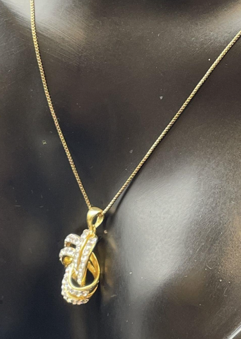 JCM Vermeil Interlocking Knot Pendant Necklace – Signed Gold Over Sterling Rhinestone Necklace