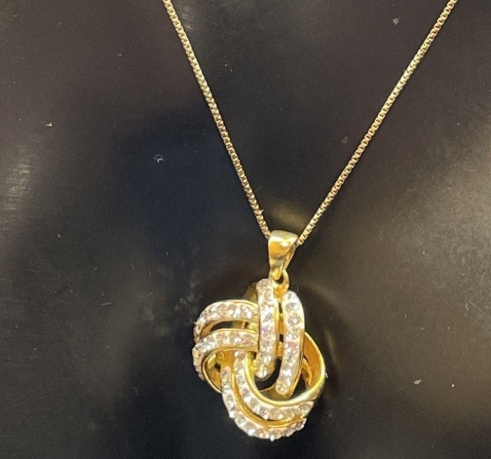 JCM Vermeil Interlocking Knot Pendant Necklace – Signed Gold Over Sterling Rhinestone Necklace