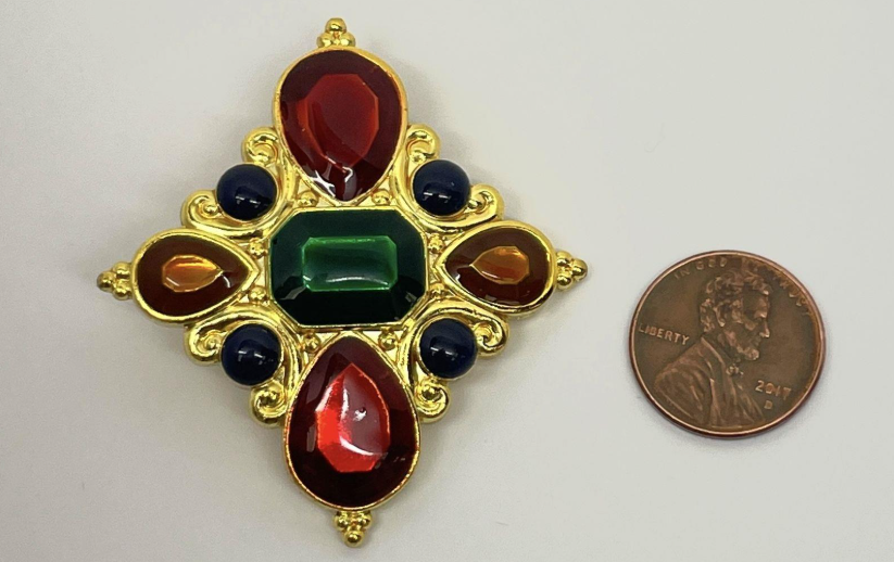 Vintage Jay Strongwater Gold-Tone Jeweled Maltese Cross Pendant / Scarf Slide | Signed Statement Jewelry