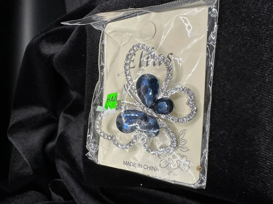 Silver Tone Blue Crystal Butterfly Brooch