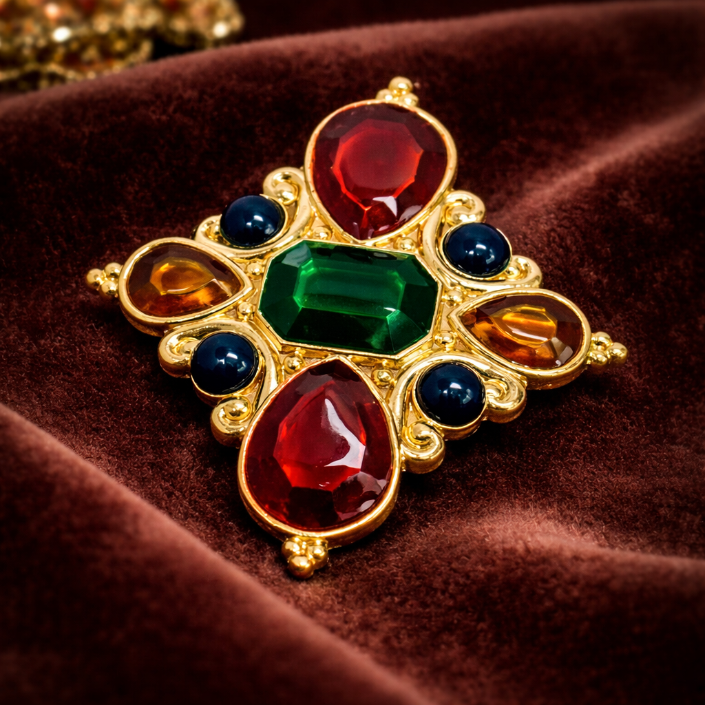 Vintage Jay Strongwater Gold-Tone Jeweled Maltese Cross Pendant / Scarf Slide | Signed Statement Jewelry