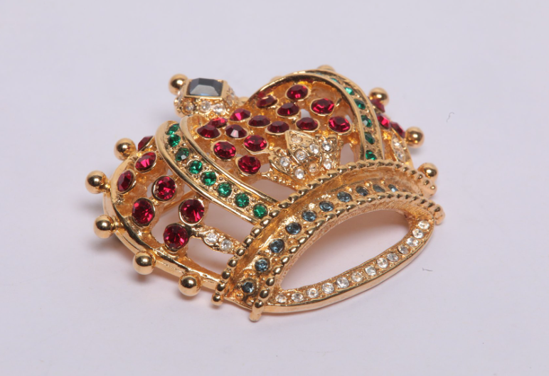 Vintage Kenneth J. Lane Multicolor Crown Brooch with Crystal and Cabochon Stones