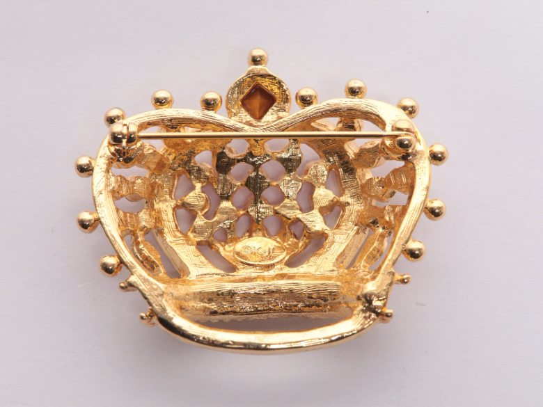 Vintage Kenneth J. Lane Multicolor Crown Brooch with Crystal and Cabochon Stones