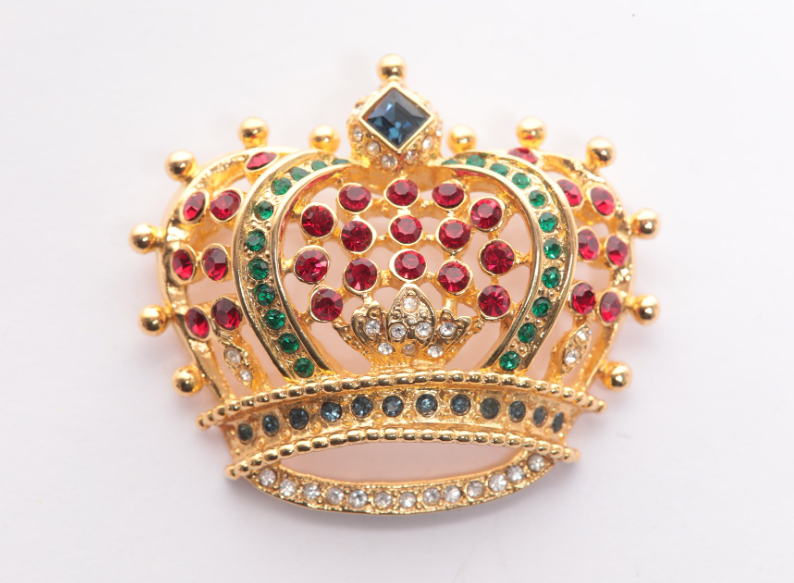 Vintage Kenneth J. Lane Multicolor Crown Brooch with Crystal and Cabochon Stones