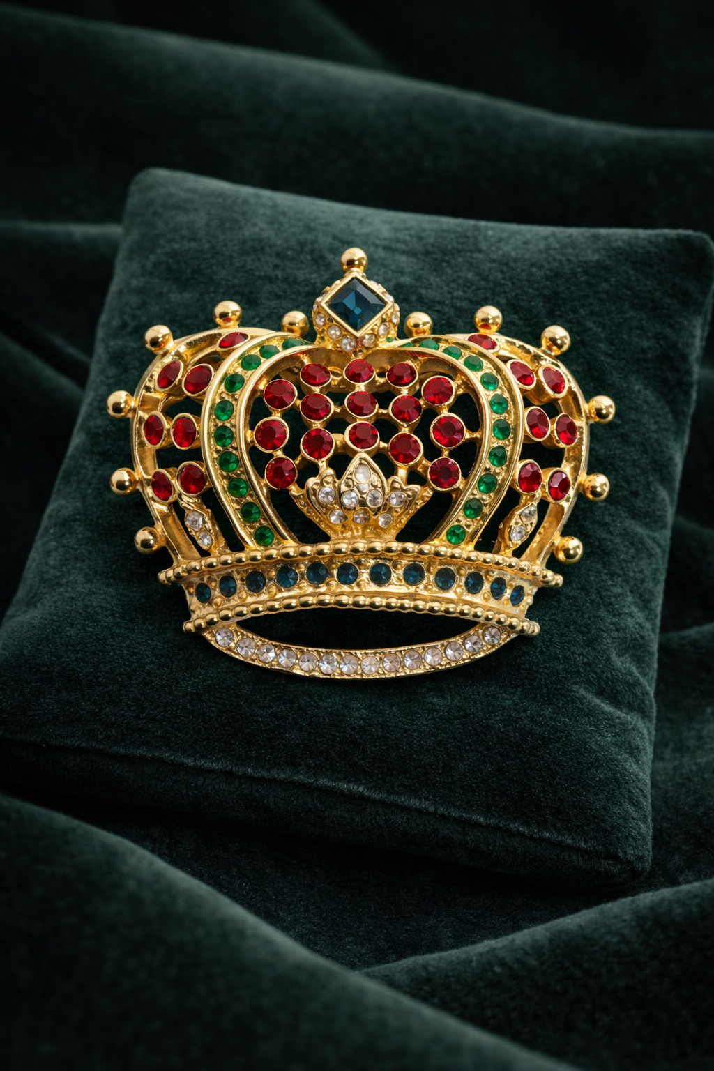 Vintage Kenneth J. Lane Multicolor Crown Brooch with Crystal and Cabochon Stones