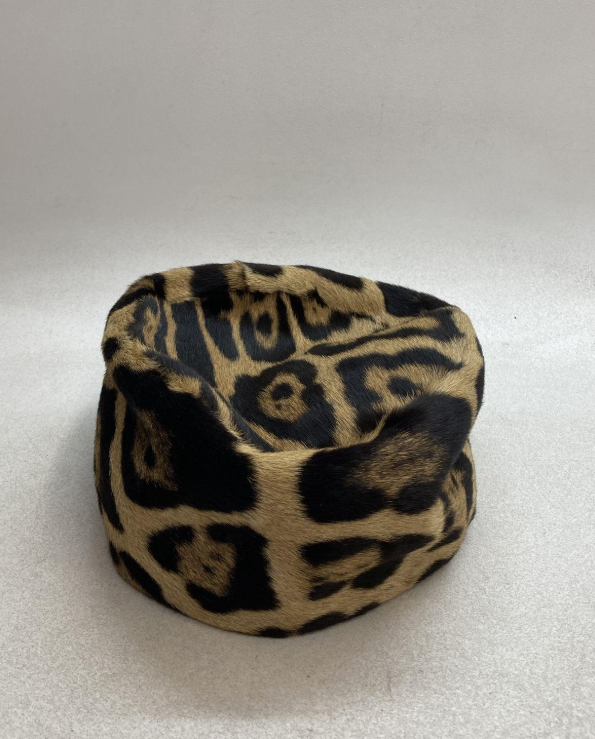 (SOLD) Vintage 1960s Forecast Kaufmann’s Leopard Print Real Fur Pillbox Hat | Mid-Century Statement Hat