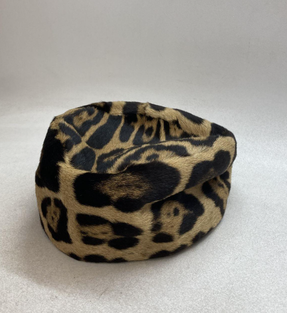 (SOLD) Vintage 1960s Forecast Kaufmann’s Leopard Print Real Fur Pillbox Hat | Mid-Century Statement Hat