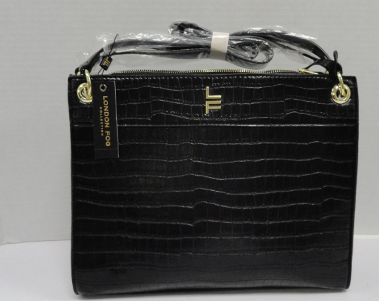 London Fog Brielle Black Faux Crocodile Embossed Satchel Top Handle Bag Structured Gold Hardware