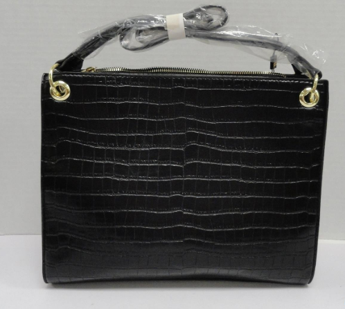London Fog Brielle Black Faux Crocodile Embossed Satchel Top Handle Bag Structured Gold Hardware