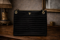 London Fog Brielle Black Faux Crocodile Embossed Satchel Top Handle Bag Structured Gold Hardware