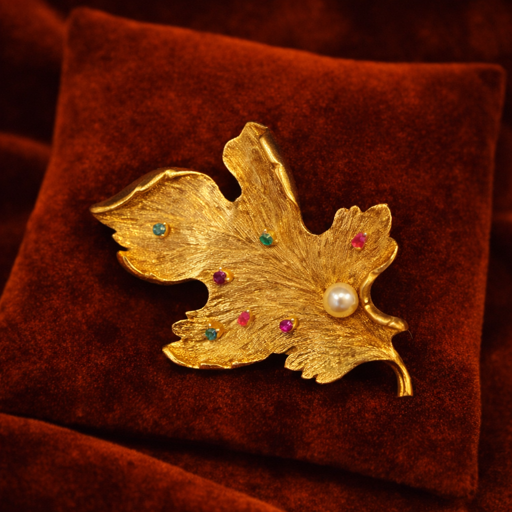 Capri Gold Tone Leaf Brooch with Multicolor Gemstones and Faux Pearl Accent