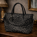Coach Leopard Print Tote Black Gray Patent Trim Shoulder Bag Animal Print Statement Vintage