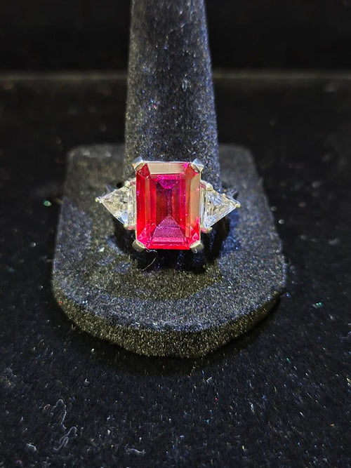 Bold Emerald-Cut Ruby Ring with Side Trillion-Cut White Topaz, Sterling Silver Statement Ring