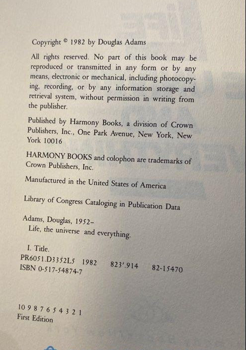 Life, the Universe and Everything by Douglas Adams, 1982 First Edition Hardcover with Dust Jacket