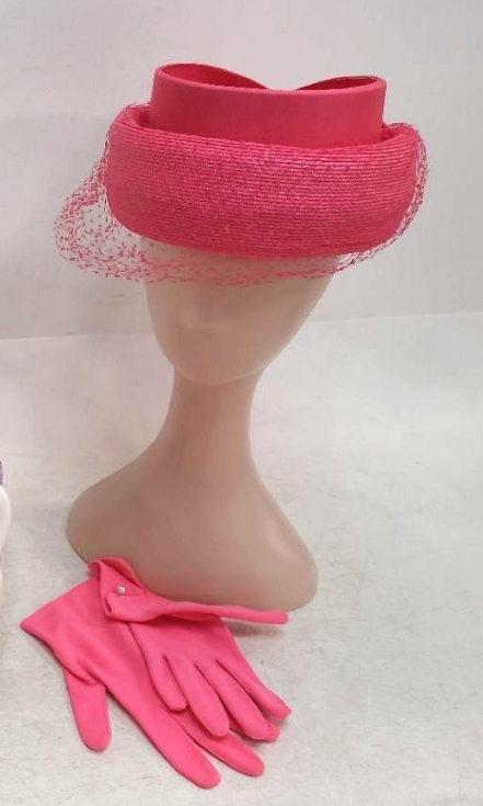 Linda Ferrell New York Pink Straw Hat and Glove Set | Vintage Occasion Hat with Veil Detail