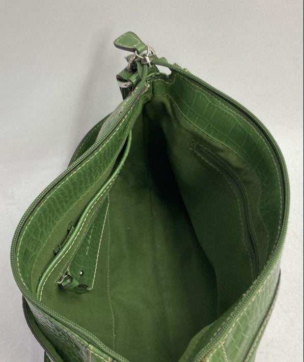 Vintage Liz Claiborne Green Faux Croc Embossed Shoulder Bag with Silver Hardware | Retro Y2K Handbag