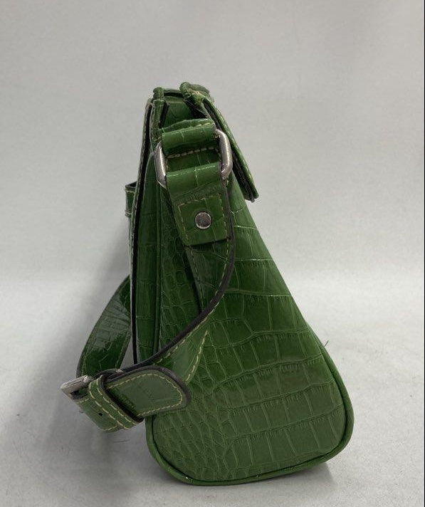 Vintage Liz Claiborne Green Faux Croc Embossed Shoulder Bag with Silver Hardware | Retro Y2K Handbag