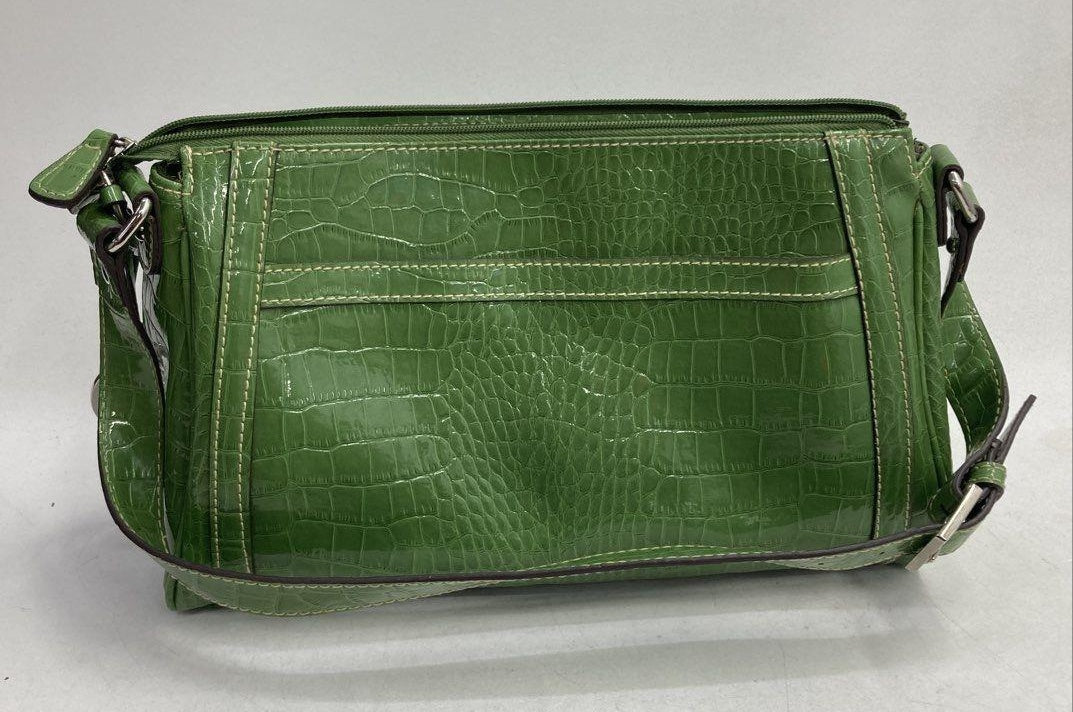 Vintage Liz Claiborne Green Faux Croc Embossed Shoulder Bag with Silver Hardware | Retro Y2K Handbag