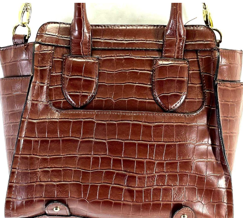 London Fog Brown Croc Embossed Faux Leather Satchel Handbag with Shoulder Strap | Structured Classic Carryall