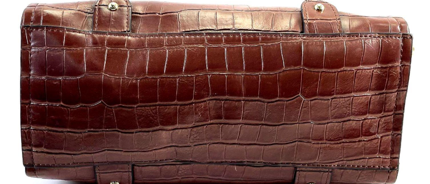 London Fog Brown Croc Embossed Faux Leather Satchel Handbag with Shoulder Strap | Structured Classic Carryall