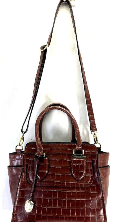 London Fog Brown Croc Embossed Satchel Handbag w/ Shoulder Strap Authentic