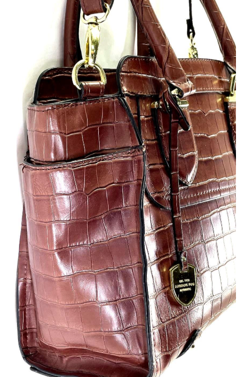 London Fog Brown Croc Embossed Satchel Handbag w/ Shoulder Strap Authentic