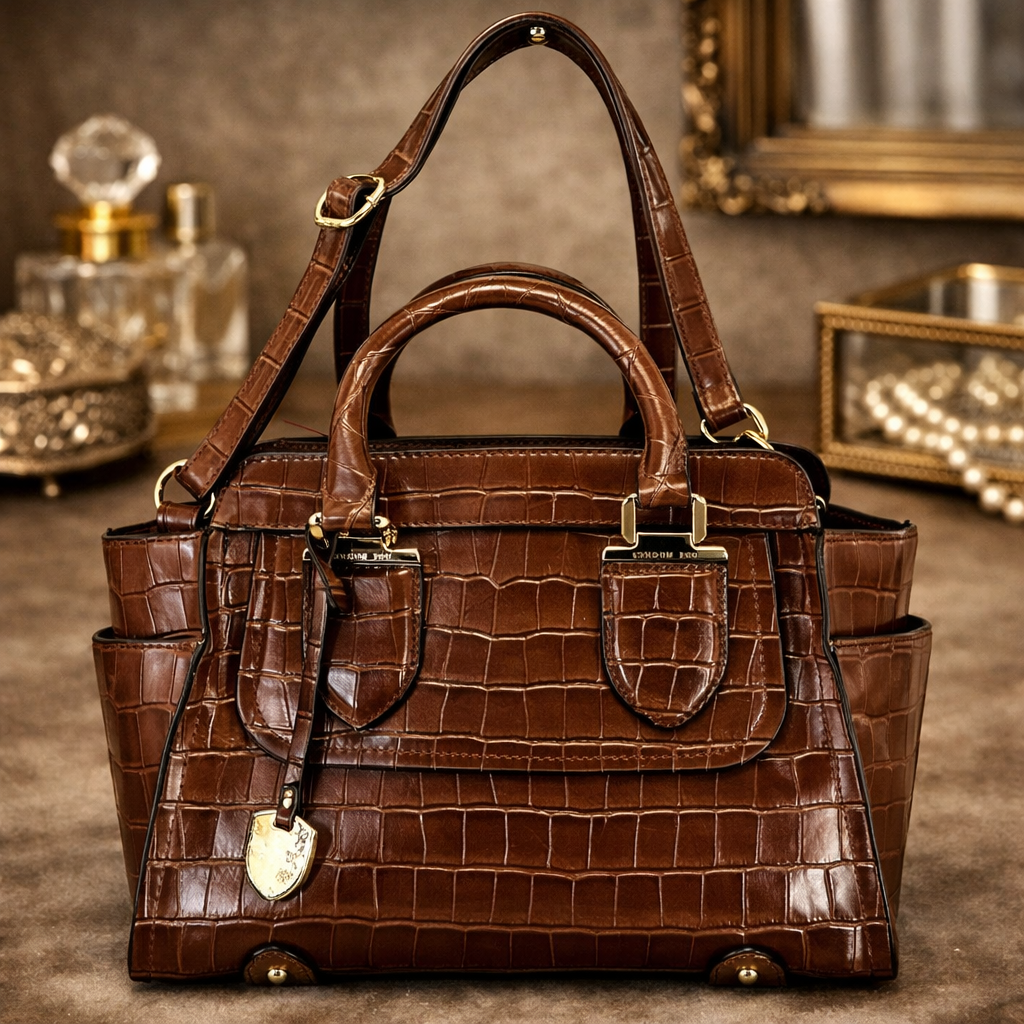 London Fog Brown Croc Embossed Faux Leather Satchel Handbag with Shoulder Strap | Structured Classic Carryall