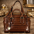 London Fog Brown Croc Embossed Faux Leather Satchel Handbag with Shoulder Strap | Structured Classic Carryall