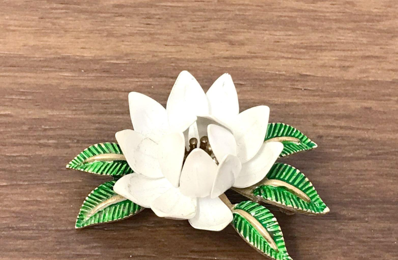 Vintage Crown Trifari White Enamel Lotus Flower Brooch | Gold Tone Floral Designer Pin