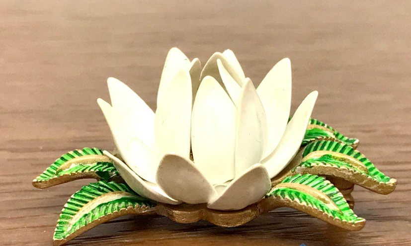 Vintage Crown Trifari White Enamel Lotus Flower Brooch | Gold Tone Floral Designer Pin
