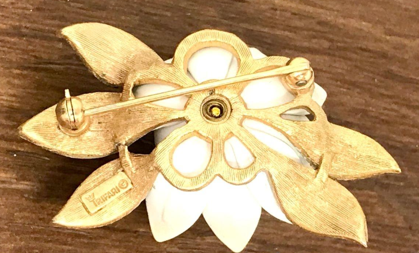 Vintage Crown Trifari White Enamel Lotus Flower Brooch | Gold Tone Floral Designer Pin