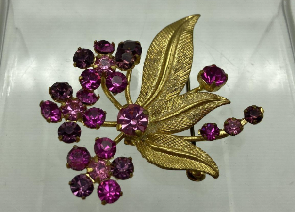 Vintage Made in Austria Gold-Tone Pink Rhinestone Flower Brooch | Textured Leaf Floral Pin