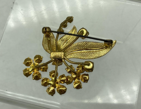 Vintage Made in Austria Gold-Tone Pink Rhinestone Flower Brooch | Textured Leaf Floral Pin