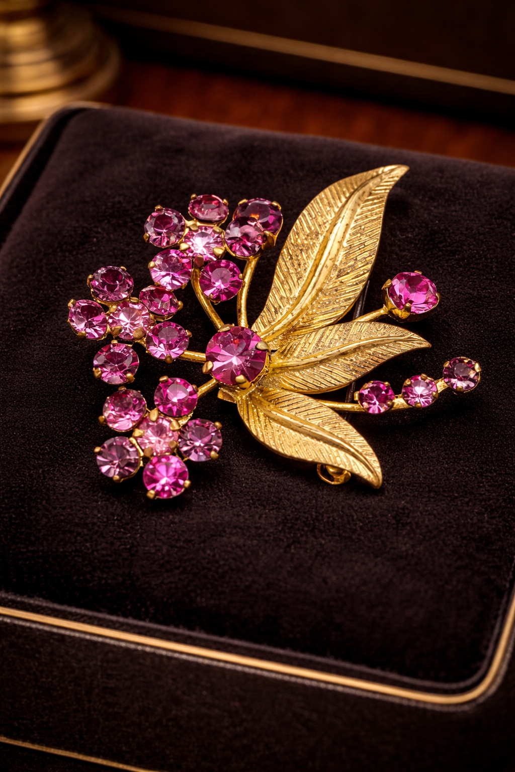 Vintage Made in Austria Gold-Tone Pink Rhinestone Flower Brooch | Textured Leaf Floral Pin