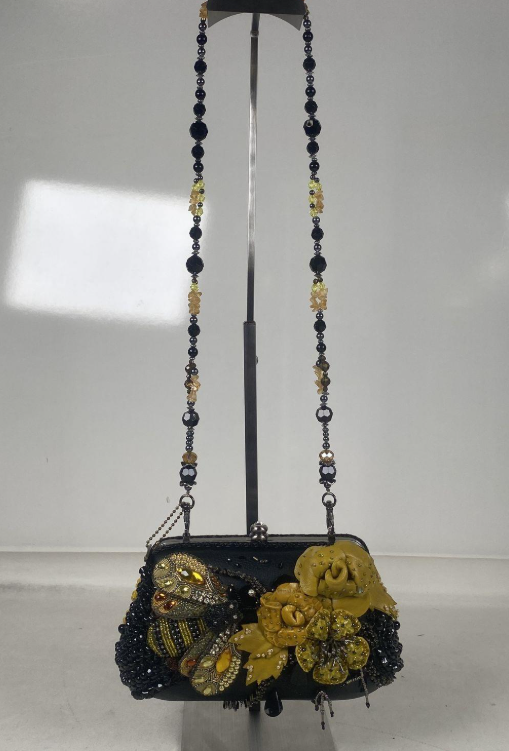 Mary Frances Retired Beaded Bee & Floral Embellished Frame Clutch | Black Yellow Statement Evening Bag
