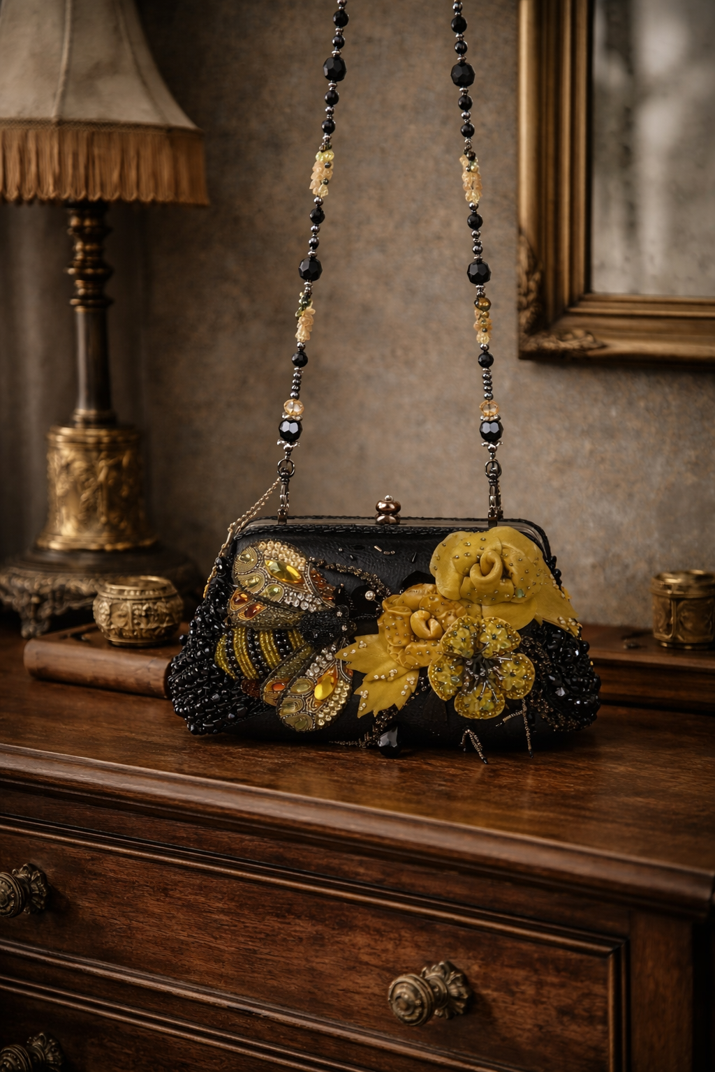 Mary Frances Retired Beaded Bee & Floral Embellished Frame Clutch | Black Yellow Statement Evening Bag