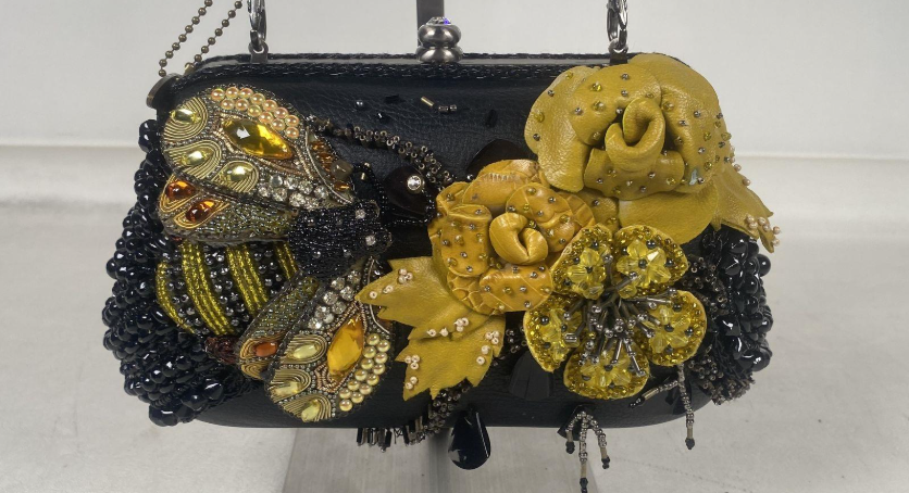 Mary Frances Retired Beaded Bee & Floral Embellished Frame Clutch | Black Yellow Statement Evening Bag