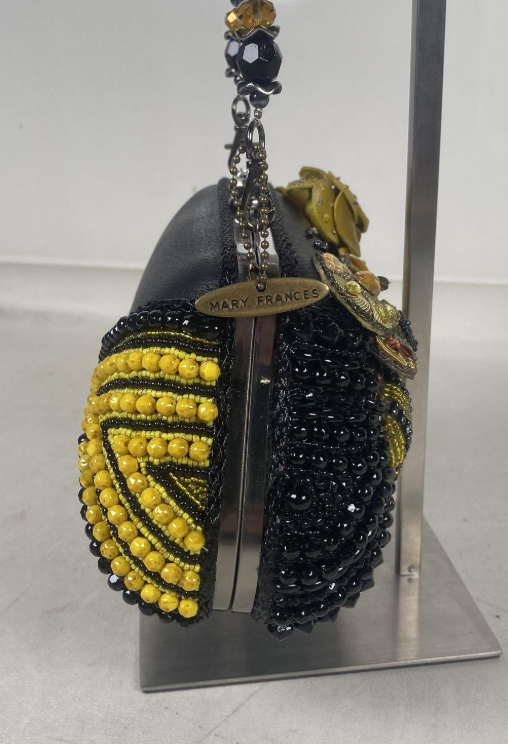 Mary Frances Retired Beaded Bee & Floral Embellished Frame Clutch | Black Yellow Statement Evening Bag