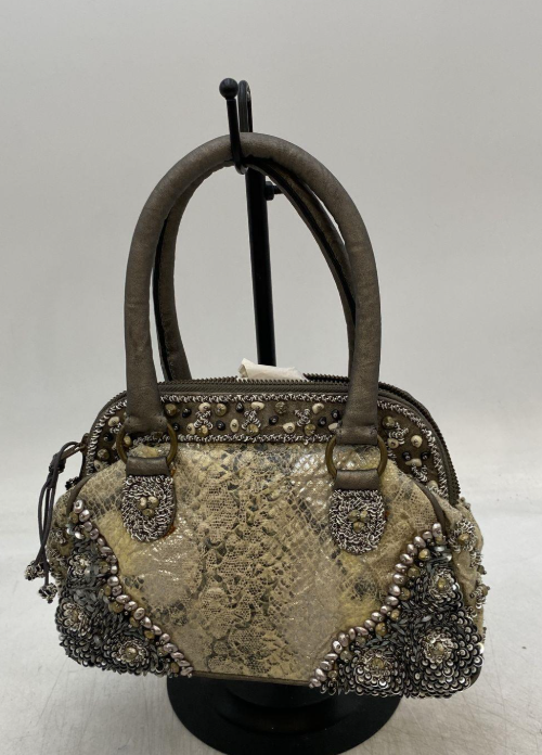 Mary Frances Beaded Leather Handbag Retired Bronze Floral Pearl Embellished Bag
