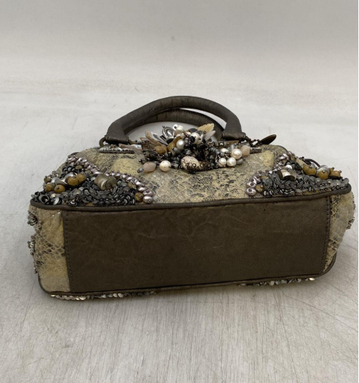 Mary Frances Beaded Leather Handbag Retired Bronze Floral Pearl Embellished Bag