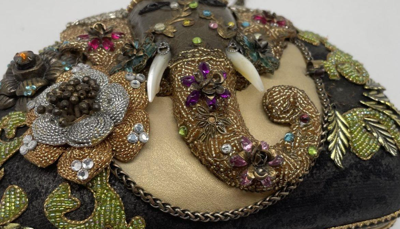 Mary Frances Embellished Elephant Motif Evening Clutch | Beaded Jeweled Collector Handbag | Retired Style