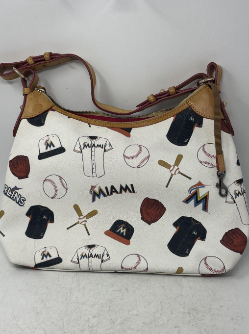 Dooney & Bourke White Leather Hobo Bag | Miami Baseball Print Shoulder Purse Sport Luxe Handbag
