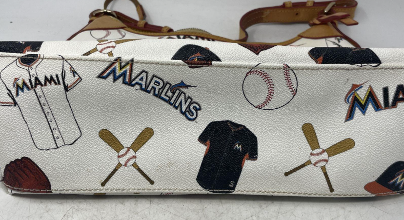 Dooney & Bourke White Leather Hobo Bag | Miami Baseball Print Shoulder Purse Sport Luxe Handbag