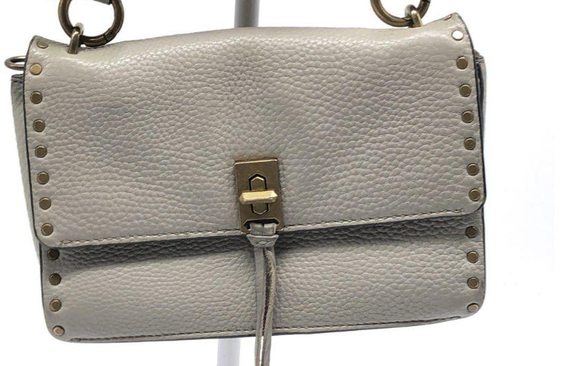 Rebecca Minkoff Taupe Pebbled Leather Crossbody Bag With Studded Strap and Flap