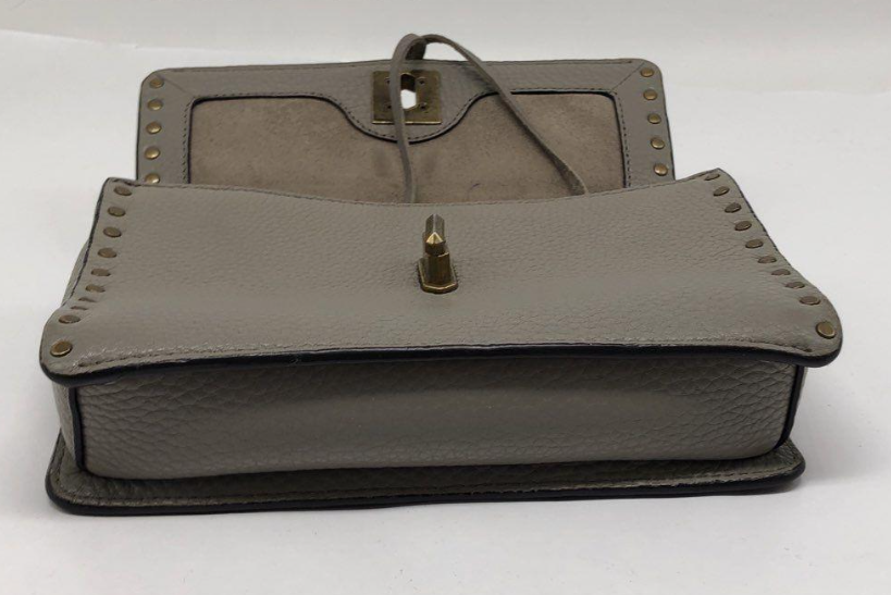 Rebecca Minkoff Taupe Pebbled Leather Crossbody Bag With Studded Strap and Flap