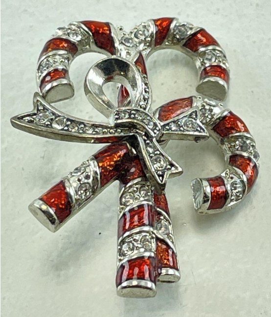Vintage Monet Silver-Tone Red Enamel Candy Cane Brooch with Clear Rhinestones | Signed Holiday Pin
