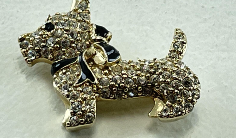 Vintage Monet Black Enamel Scottie Dog Brooch with Clear Rhinestones | Signed Gold-Tone Terrier Pin