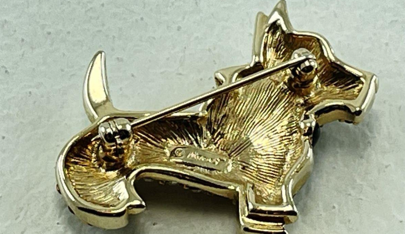 Vintage Monet Black Enamel Scottie Dog Brooch with Clear Rhinestones | Signed Gold-Tone Terrier Pin