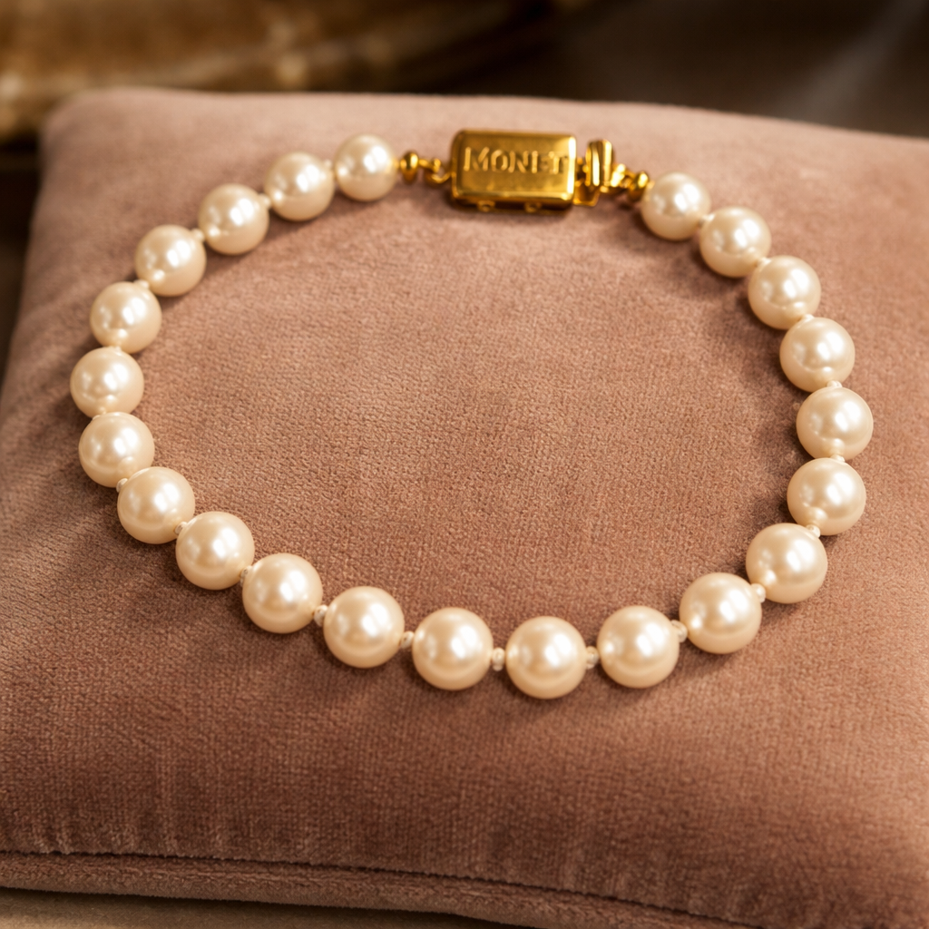 Vintage Monet Faux Pearl Bracelet with Gold-Tone Clasp | Signed Classic Pearl Jewelry