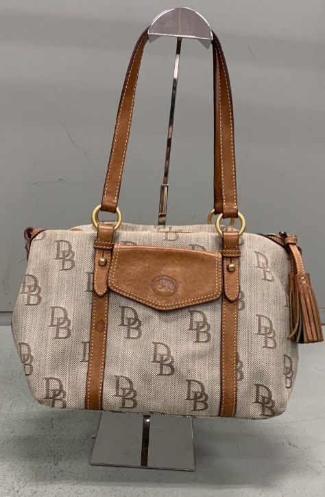 Dooney & Bourke DB Monogram Canvas Satchel Bag Leather Trim Tassel Barrel Shoulder Purse